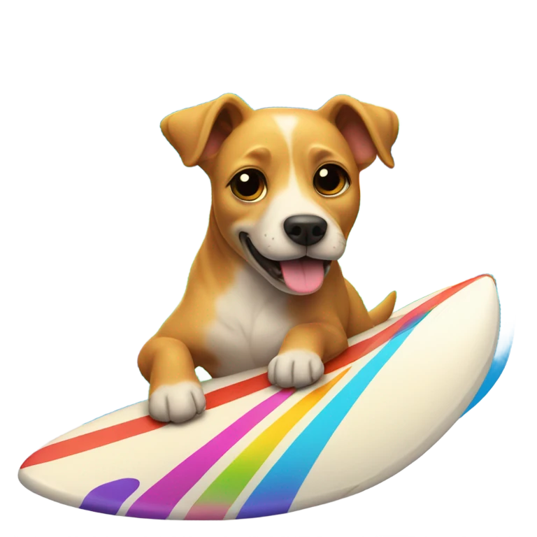 Dog surfing on a rainbow emoji