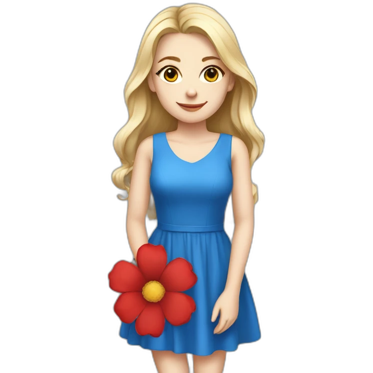 A beatiful white girl wear blue and red dress with flower emoji