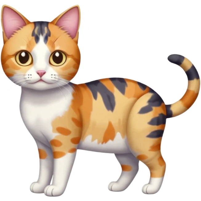 full body anxious looking colourful patchy calico tabby cat with tiny head to large body with fully white front legs emoji