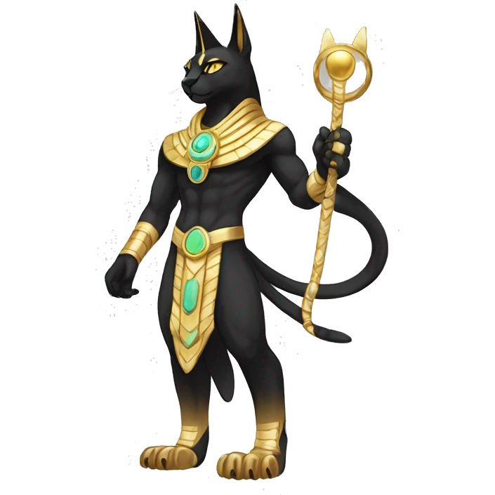 Black godly overpowered ethereal majestic Egyptian Cat-Fakemon. Golden Anubis-Rings and yellow ring-markings. Full body emoji
