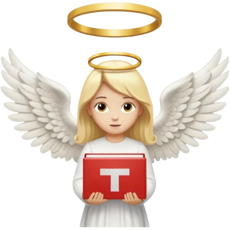 "An angel emoji with blonde hair, a halo, wings, holding a 'COMPARTILHAR' sign in bold letters." emoji