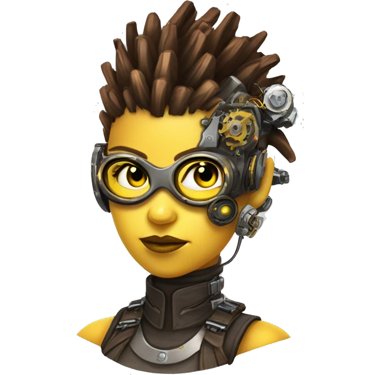 Brown with yellow streaks Mohawk hair female cyborg head, fair skin, steampunk goggles and circuits emoji