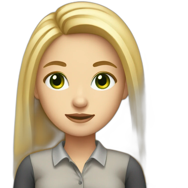 A girl who has blonde and long hair green eyes working in an office with pc emoji