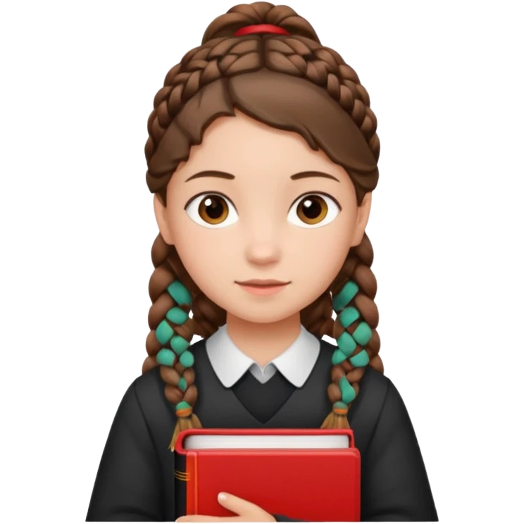 brown braid hair girl kid, student, black gile, red book emoji
