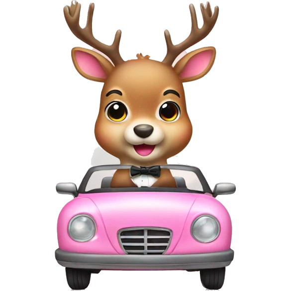 cute deer with pink bow tie driving car emoji