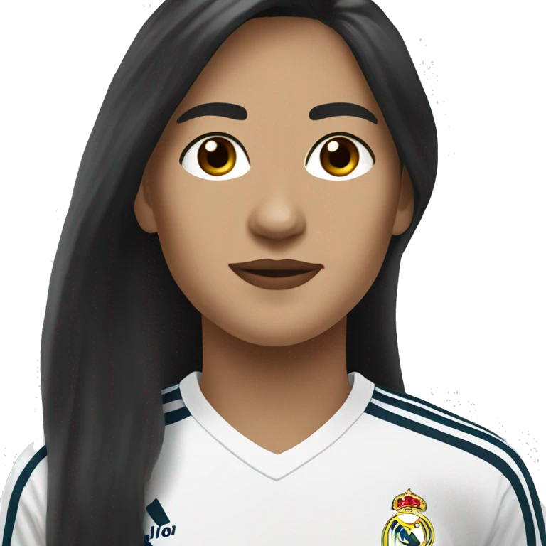 Create a women with long black hair, white skin, brown eyes, wearing a Real Madrid jersey.  emoji