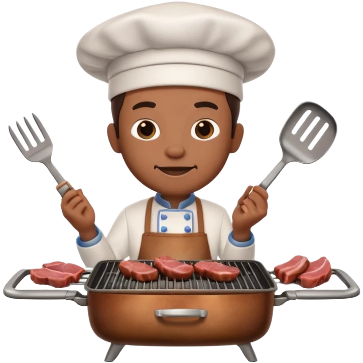 A 3D cartoon cook flipping meat on a grill with tongs, gentle smoke effect, Memoji-style lighting. emoji