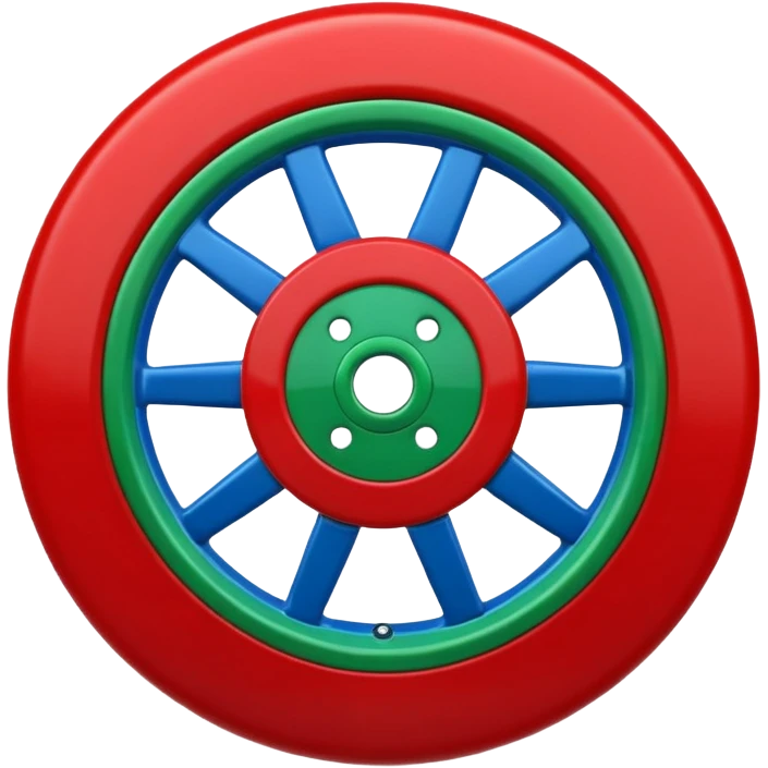 Glossy 3D emoji, blue top, green bottom, large red spoked wheel in center. Geometric symbol, no face. emoji