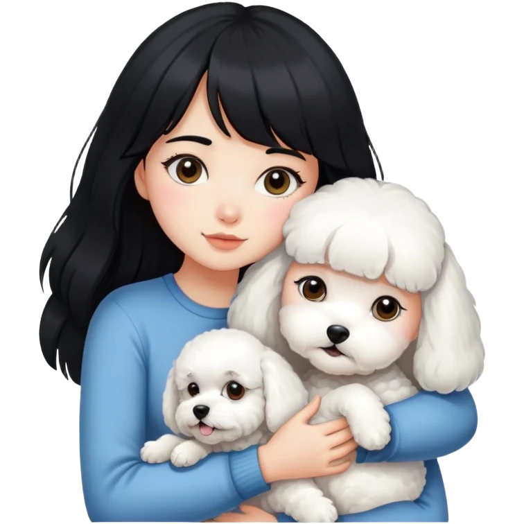 A beautiful girl with long black hair and bangs hugs a little Bichon Frise tightly emoji