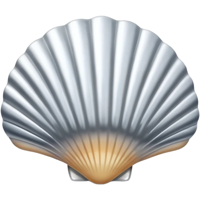 A seashell emoji made of polished silver chrome, smooth curved surface, reflective metallic highlights, elegant minimal design, iOS emoji style, centered, clean white background, soft lighting emoji