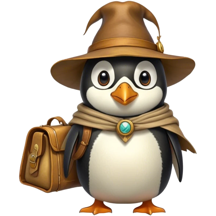 A explorer penguin inspired by Indiana Jones, wearing a weathered yellow enchanted hat and a flowing cape. It carries a leather satchel with ancient scrolls. Cartoon-style, smooth shading, highly detailed, no background emoji