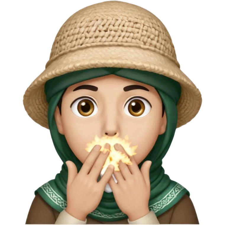 **المشهد**: وجه مصدوم، عيون كبيرة، يديه تغطيان فمه، مع "تأثير انفجار" صغير خلفه (مثل دخان أو شرر).
- **اللمسة**: قبعة تقليدية (مثل الشماغ أو الكوفية) مائلة على رأسه كرمز للبراءة!
 emoji