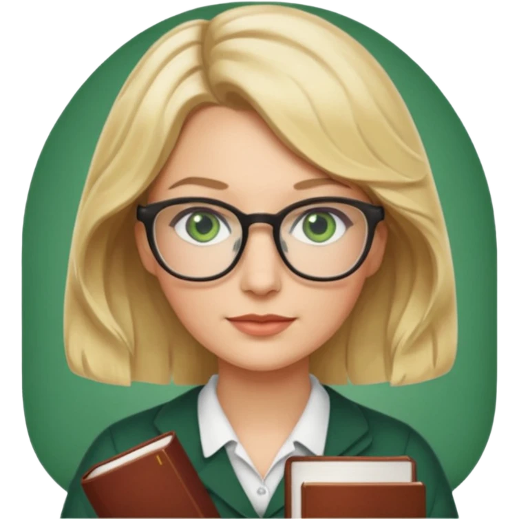 librarian teacher with short wavy blonde hair with a middle part and green eyes emoji