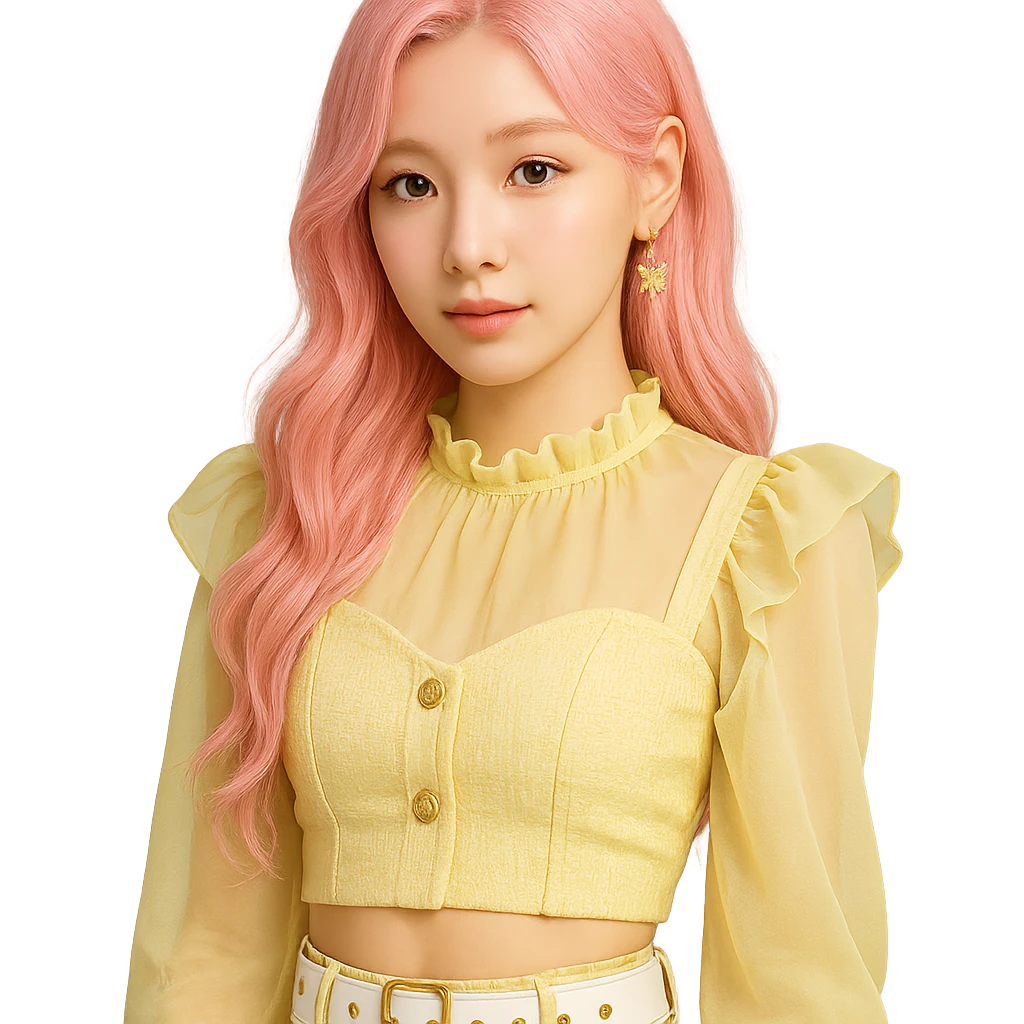 Fluttershy reimagined as a human K-pop idol with pastel pink hair, trendy stage outfit, soft makeup, transparent background emoji