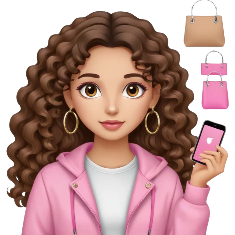 cute balayage brunette long hair curly/wavy haired girl, hoop earrings, clean girl makeup DOING SHOPPING WITH PINK CLOTHES ON emoji