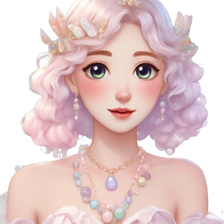Gorgeous pastel anime style lady with blushing face and seashell-tiara dress necklace cottagecore fairycore pastelcore colorful pearly romantic simplistic aesthetic trending style emoji