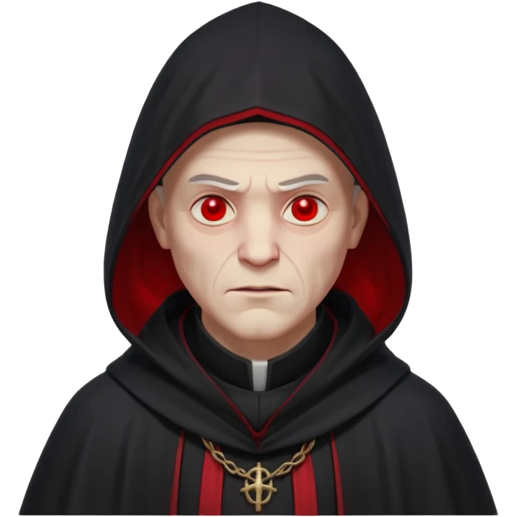 cursed village priest portrait, head and shoulders only, dark hooded robe, mysterious expression, subtle red accents, eerie glow, gothic village atmosphere, 3D cartoon, mobile game icon style, clean background, no text, no watermark

 emoji