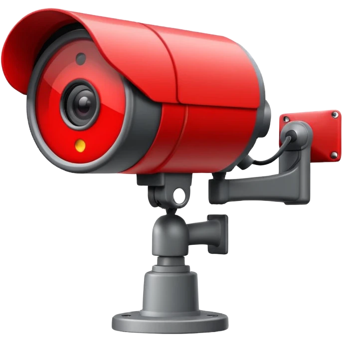 Minimalist emoji-style sticker of a CCTV camera with a glowing red record light, facing forward. Flat icon, grayscale with small red accent.
 emoji