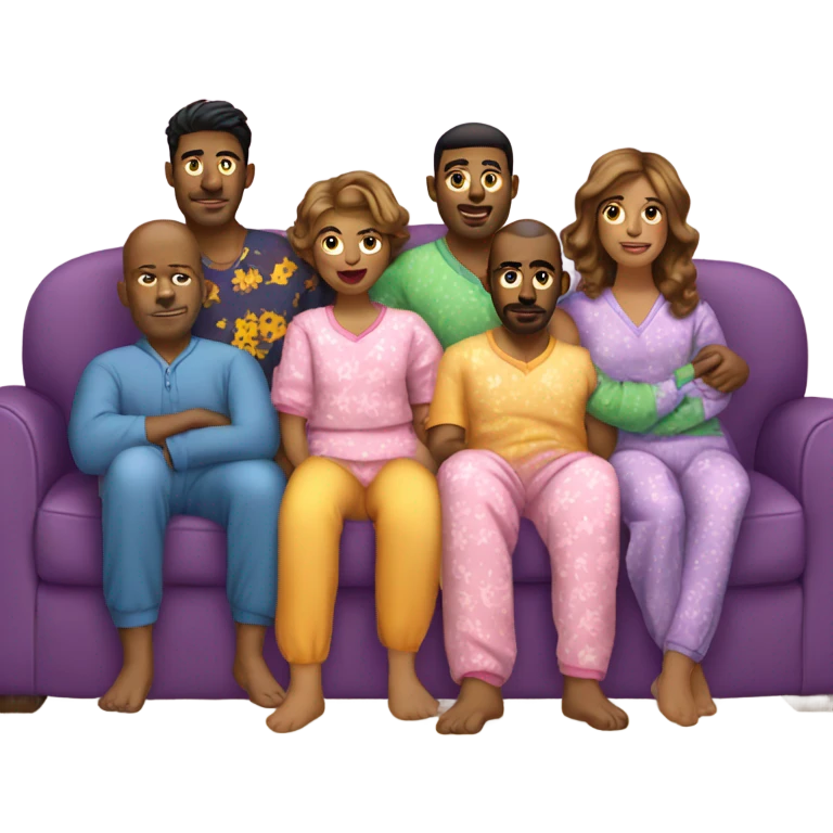 Six people in matching pajamas on couch emoji
