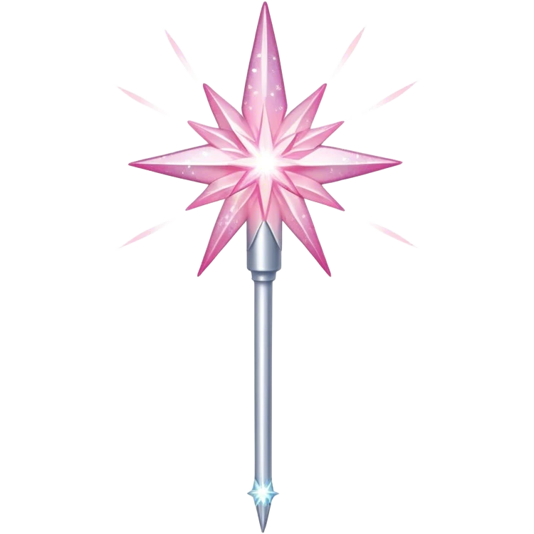 A sparkling fairy wand emoji with a silver handle and a starburst tip, glowing with pointy pinkish and white sparkles, small pink sparkles around emoji