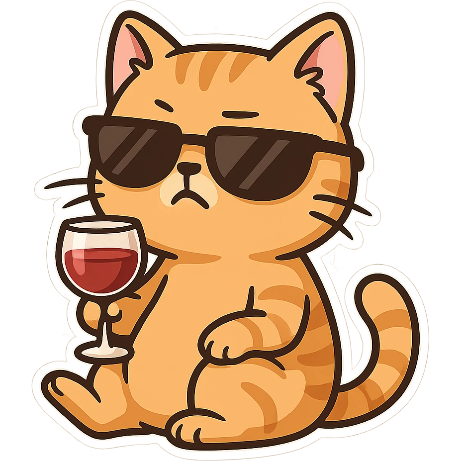 Cat meme, an orange cat leisurely holding a red wine glass, wearing sunglasses, with an arrogant and dismissive attitude emoji