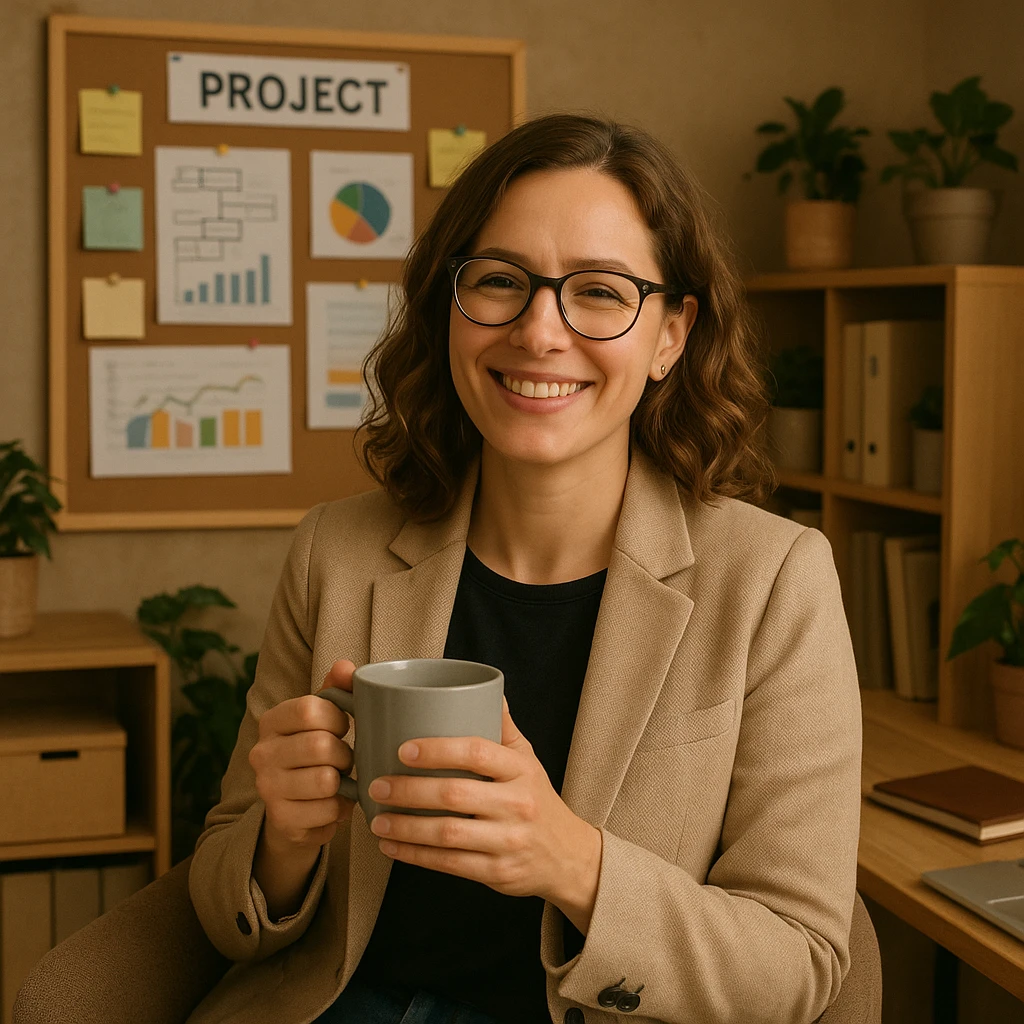 a relaxed and happy female project manager holding a coffee cup in a cozy office setting emoji