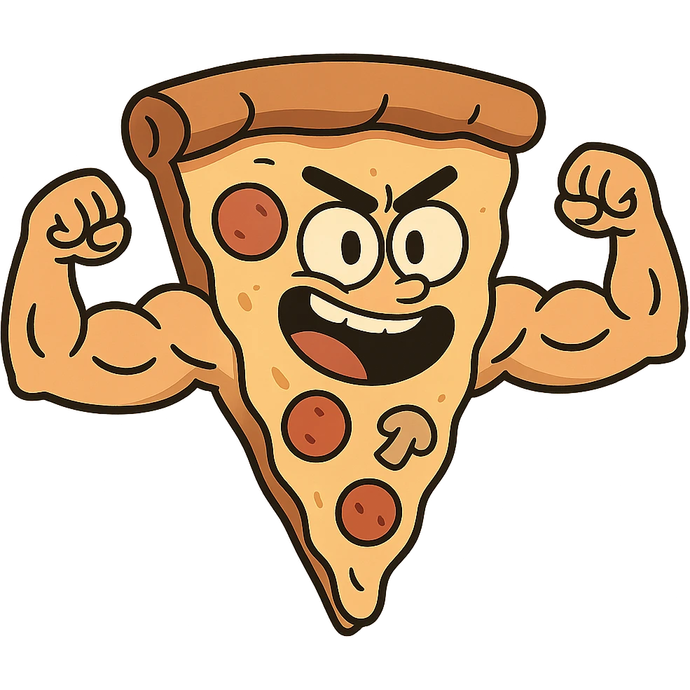 slice of pizza with muscular arms, cartoon style, energetic expression emoji