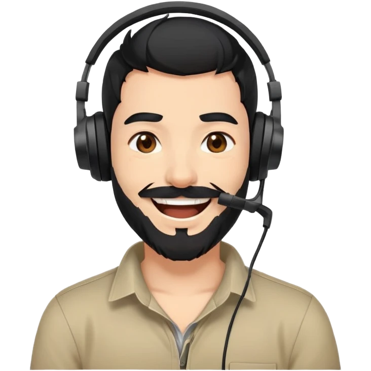 anime style laughing man with black hair, brown eyes, black beard wearing gaming headset emoji