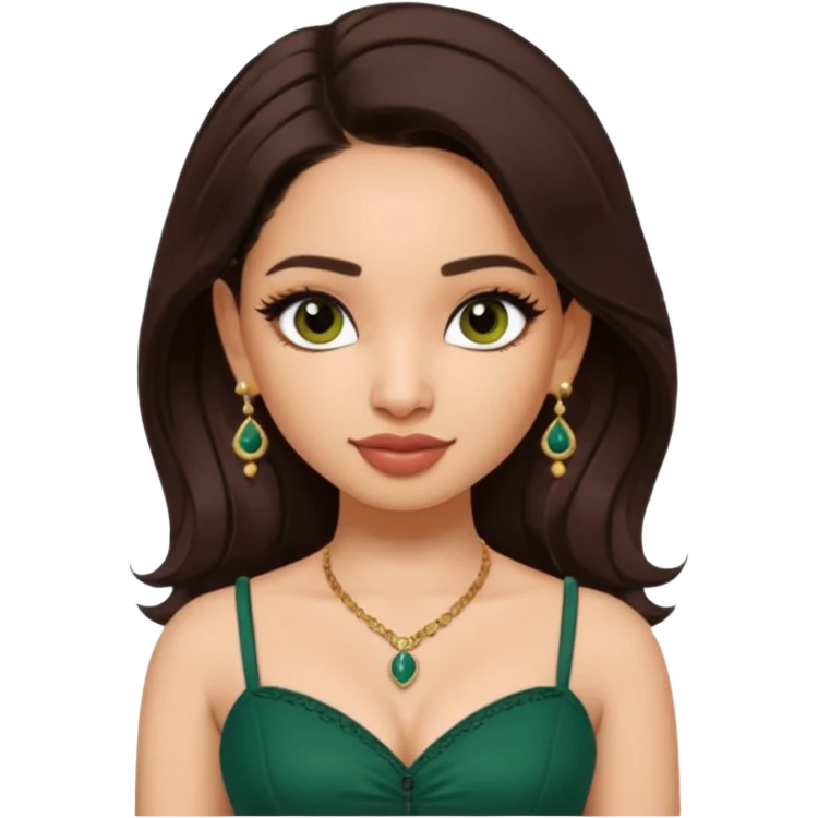 pretty bratz genmoji that looks like tamannah bhatia (bollywood actress), wearing a dark green sweetheart neckline top, dark brown hair, light makeup, no necklace, dangly earrings, side hair part, dark brown eyes, with tattoos emoji