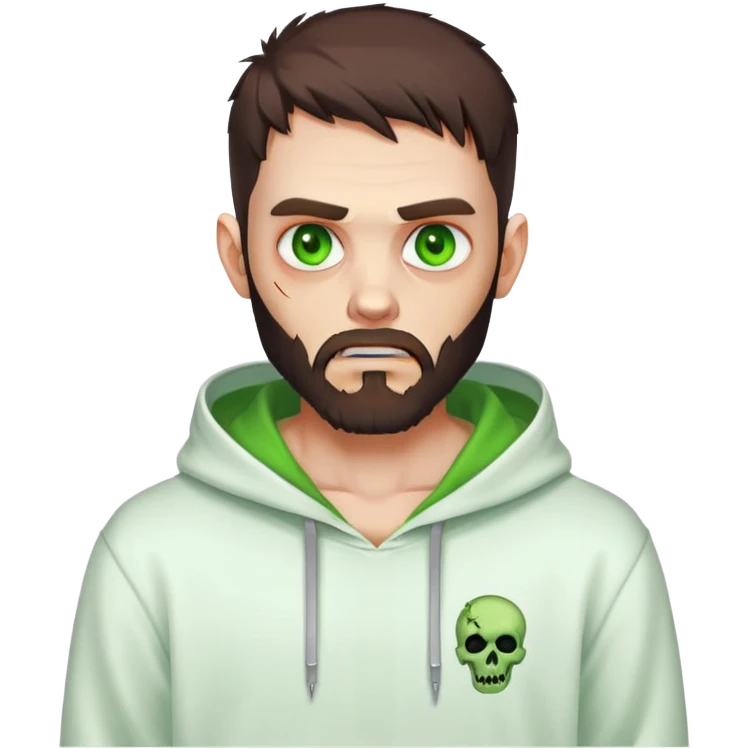zombie making peace sign, undercut hairstyle with dark brown hair, short full beard, glowing green eyes, wearing plain white hoodie emoji