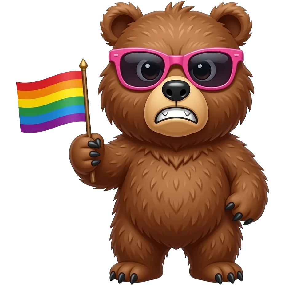sassy grizzly bear pink sunglasses angry holding pride flag emoji