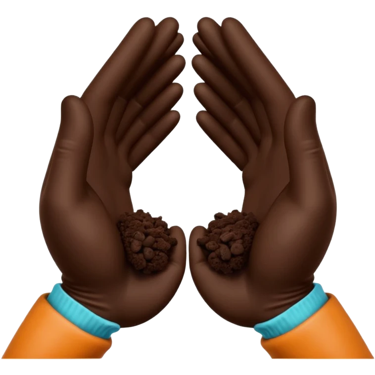 A 3D cartoon pair of gloved hands holding rich dark soil, small bits falling between fingers, bright garden background, soft light, Memoji-style realism. emoji