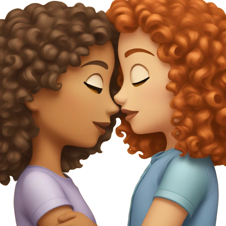 kiss between two girls, one is curly red head and one is tan brunette emoji