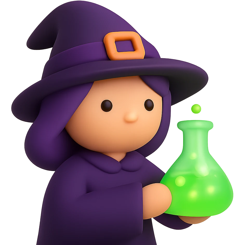 A witch holding a bubbling flask with bright green glowing potion emoji