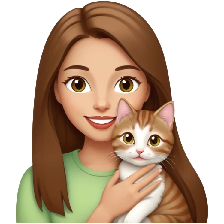 White Woman with VERY long straight brown hair, rosy lips and cheeks, big chartreuse eyes, cute happy big smile holding a white and brown tabby kitten emoji