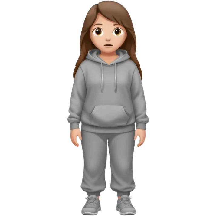 Chica grande  asustada de cuerpo completo mirado a la izquierda con pelo castaño largo y piel blanca  pantalones baggy  grises y hoodie gris  emoji