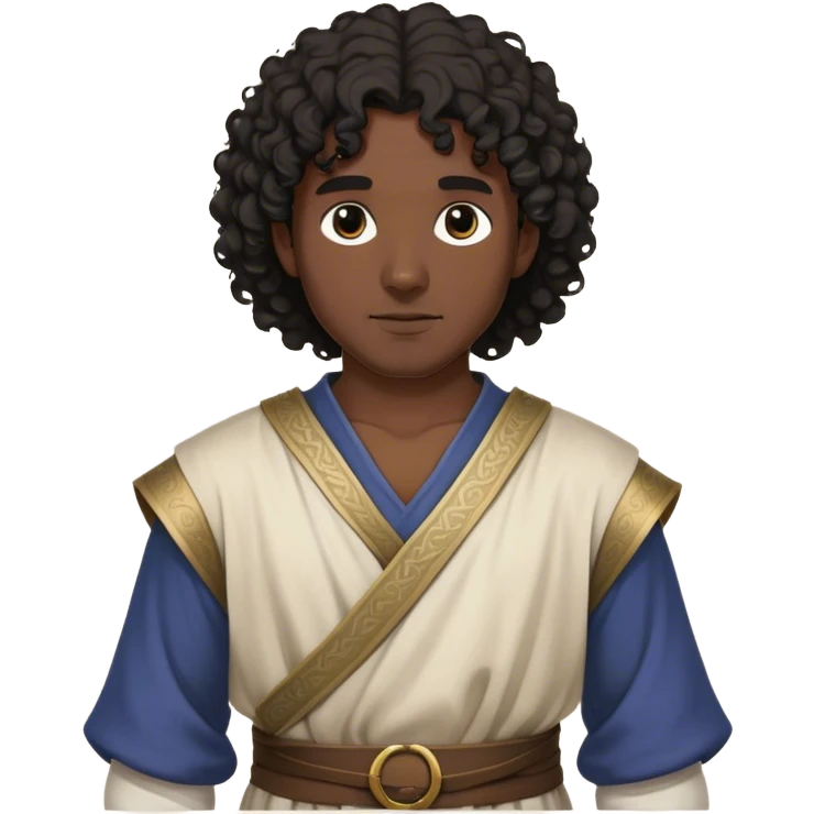 medieval outfit worn by a DnD themed fantasy character. basic loose-fitting tunic with a woven sash. clothes only above the waist. The clothes full waist. The character's haven't arms. character is curly black hair dark brown eyes shoulder-length hair dark-skinned man.

 emoji