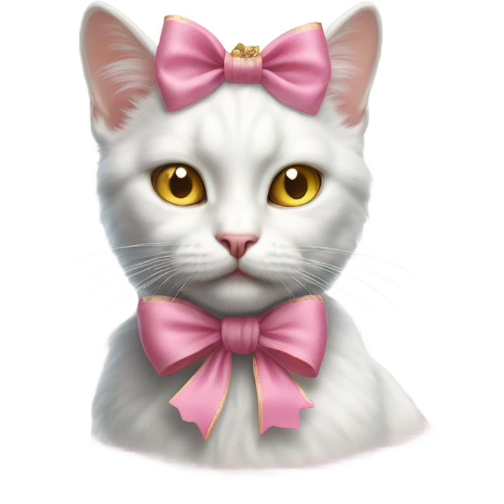 Realistic white cat with yellow eyes wearing pink vintage rococo bow emoji