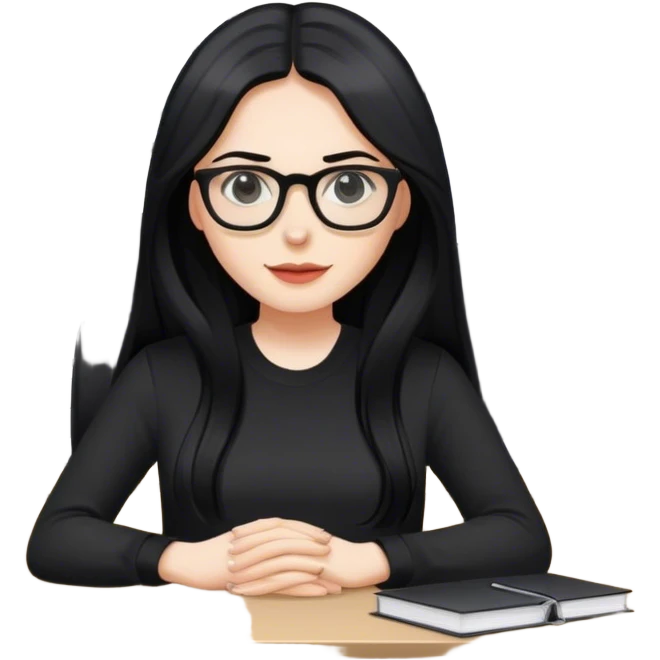 pale woman with long black hair, wearing glasses and black shirt in an office emoji