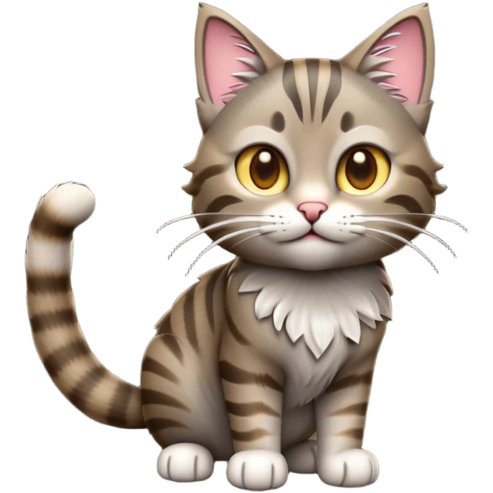 cinematic-[grey brown tabby cat]-realistic-emoji,-tail-curled-playfully-around-its-paws,-head-tilted-dramatically,-scruffy-[grey]-fur,-simplified-yet-realistic-focused-features,-highly-detailed,-glowing-with-an-almost-sarcastic-glow emoji