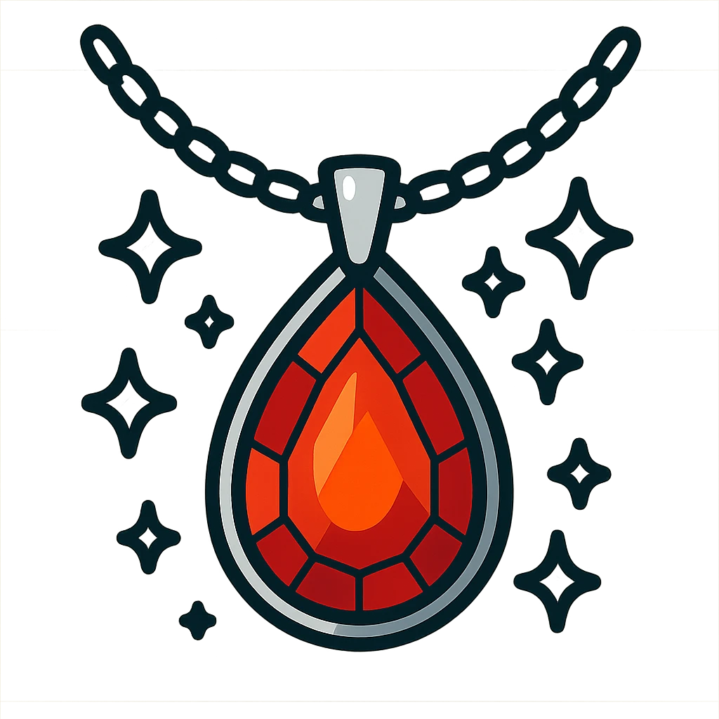 A fiery red teardrop ruby pendant suspended in a delicate silver chain, surrounded by glistening white stones emoji