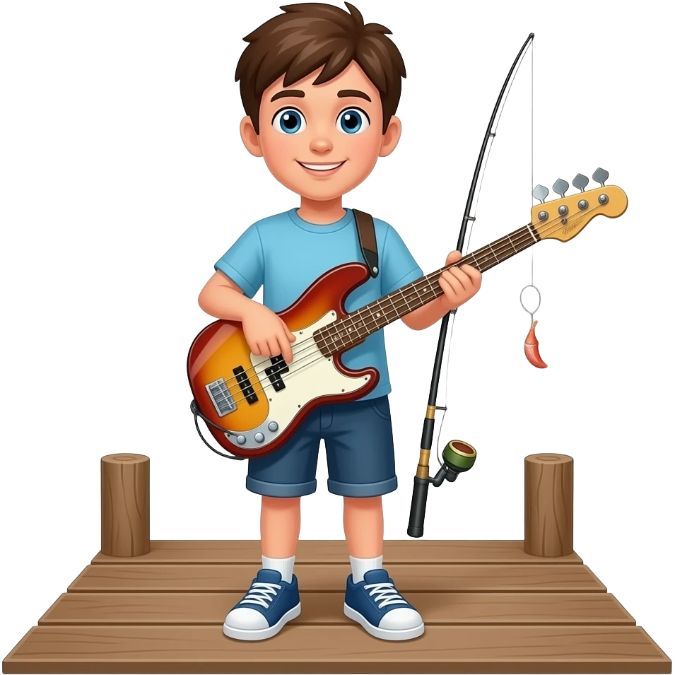 a tennager holding a bass fish on a fishing dock emoji