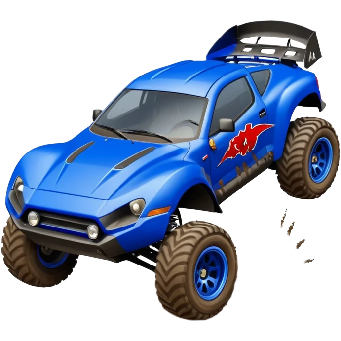 Satan’s Dirty Midnight-blue Local Motors Rally Fighter off road race car after jumping over a dirt ramp  emoji