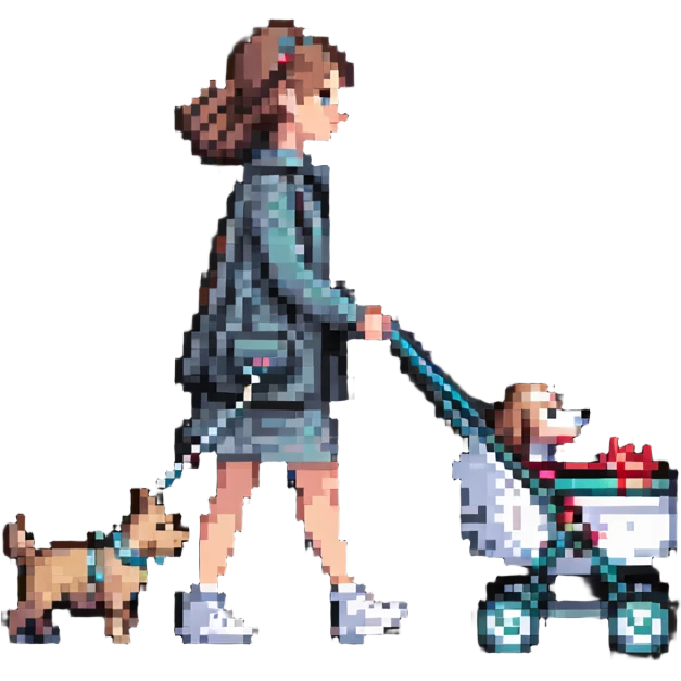 girl walking with a stroller and dog on a leash emoji