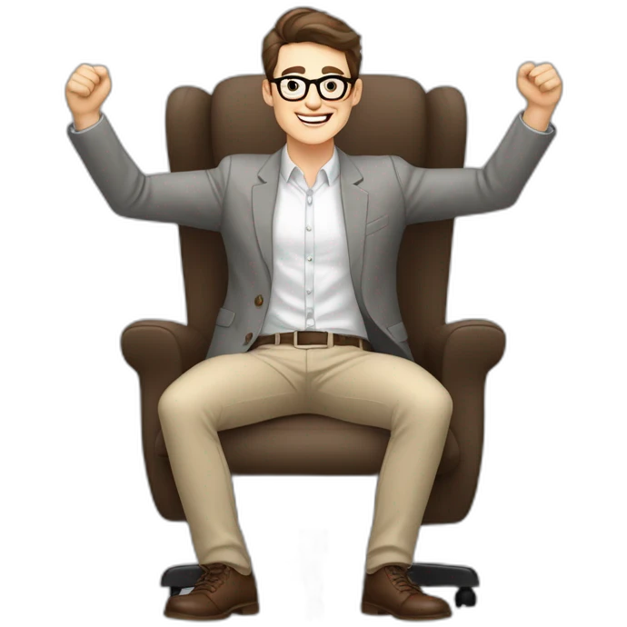 Joyful Celebrating victory Hands up Pale skinned Fit Man With dark brown hair in gray jacket, beige office shirt, Brown pants and vintage glasses sitting In a soft chair emoji