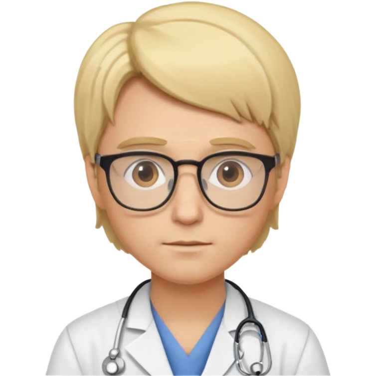 This is a cartoon-style avatar of a doctor with blond hair, glasses, and a neutral expression emoji