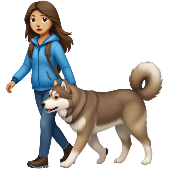 A girl with long brown hair walks an Alaskan emoji