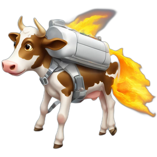 side-on view of cow flying to space while wearing a jetpack that is emitting flames, legs dangling behind emoji