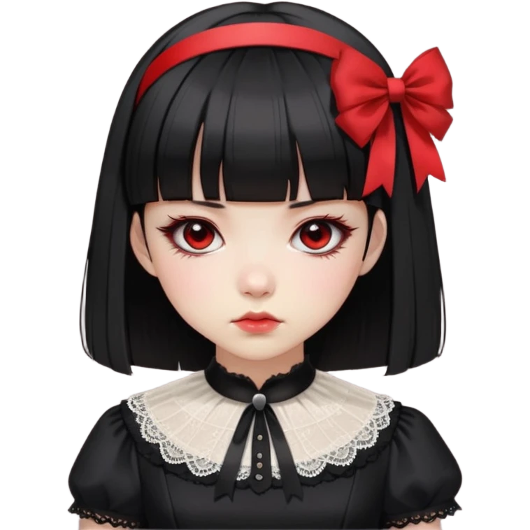 Cute East Asian girl, pale skin, straight bangs, black inward bob. Wearing gothic dress with lace collar, red eyeshadow, black ribbon headband, serious expression emoji