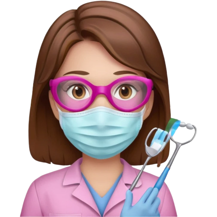 Dentista mujer con mascarilla rosada, cabellos marron, piel blanca, camisa rosada, ojos marrones emoji